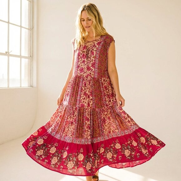 Free People Dresses & Skirts - Free People Womens L Maxi Dress Pink Floral Patchwork Lace Up Tiered Boho